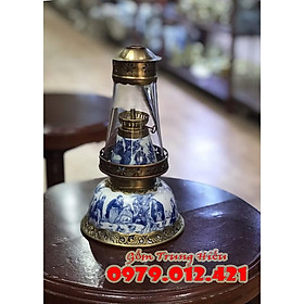 Mua Đèn dầu bọc đồng Bát Tràng men lam kiểu Bát úp cao 21cm