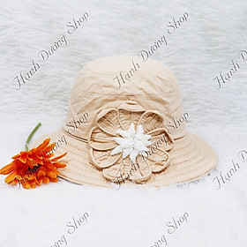 Mũ rộng vành nữ gắn hoa 9 cánh dễ thương, vành rộng 7cm, chất liệu vải cotton oát cao cấp oát mềm mại - Hạnh Dương