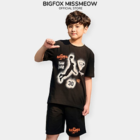 Đồ bộ bé trai cộc tay Hàn Quốc Bigfox Miss Meow  size đại áo ngắn tay quần đùi vải cotton in bóng rổ cỡ 12-15 tuổi 40kg 50kg - 155cm, 46-49kg (13) - 23H BỘ BT CỘC ĐEN BÓNG RỔ