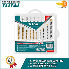 Bộ mũi khoan kim loại, khoan bê tông và bắt vít 16 chi tiết TOTAL TTACSD3165 - Độ cứng siêu cao, chịu lực tốt, đa dụng