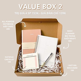 Value Stationery Box 2 - Combo Quà Tết gồm Planner sổ kế hoạch, giấy note, bút đen, sổ tay cao cấp