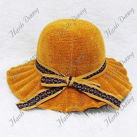 Nón rộng vành nhung xếp ly có thắt nơ hàng quảng châu vành rộng 8cm, phía trong có dây rút size vừa khít cỡ đầu người đội