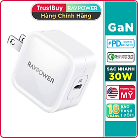 Mua Adapter Sạc 1 Cổng Type-C 30W Công Nghệ GaN Hỗ Trợ Sạc Nhanh PD Power Delivery RAVPower RP-PC120 Với Đầu AC Gập - Hàng Chính Hãng