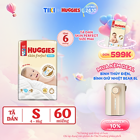 Tã/bỉm dán sơ sinh Huggies Skin Perfect S 54+6 miếng với 2 vùng thấm giảm kích ứng da