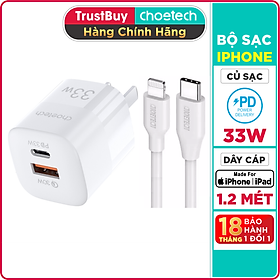 Mua Bộ Củ Sạc Nhanh 33W Cho iPhone iPad CHOETECH PD5006 Và Cáp Type C to Lightning IP0040 Chứng Nhận MFI Dài 1.2M - Hàng Chính Hãng