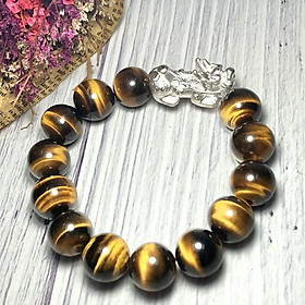 Vòng tay Thạch Anh Mắt Hổ vàng nâu 14mm mix tỳ hưu