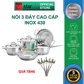 Bộ Nồi Chảo 3 Đáy Từ Inox 430 cao cấp Fivestar Standard 5 món (1 Quánh 18cm, 2 Nồi 20cm-24cm, 1 Chảo 24cm và 1 Xửng 24cm) , tặng 5 muỗng