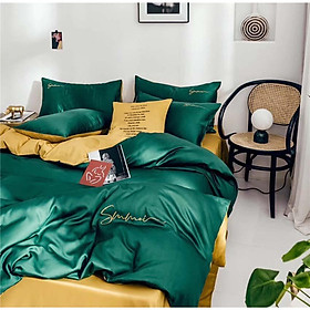 Bộ chăn ga gối lụa tencel 60s đơn sắc lidaco cao cấp - xanh phối ga vàng