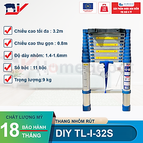 Thang nhôm rút đơn cao cấp DIY TL-I-32S chiều cao sử dụng tối đa 3.2M