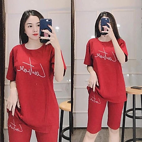 (BÁN GIÁ XƯỞNG XIN ĐÁNH GIÁ) {Có bigsize tới 85kg} Đồ bộ nữ, set bộ đồ lửng mặc nhà thêu chữ chất vải cotton co giãn