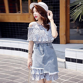 Set áo hở vai chân váy chữ A sang chảnh
