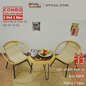 Mua (Combo siêu tiết kiệm) Bộ bàn ghế mây sò chân sắt và bàn gỗ me tây  phù hợp làm quán Cafe / ban công gia đình / Homestay