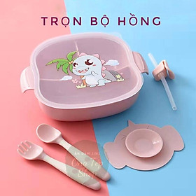 Bộ bát ăn dặm chống đổ chia ngăn cho bé - 5 chi tiết kèm thìa dĩa tập xúc, ống hút silicon và nắp đậy