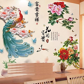 DECAL DÁN TƯỜNG TRANH CÔNG VÀ HOA MẨU ĐƠN - HP410