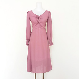 Đầm xòe vải voan màu hồng nude