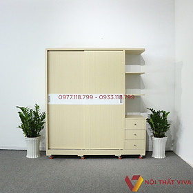 Tủ Áo Cửa Lùa Có Kệ Trang Trí Gỗ MDF Màu Vàng Chỉ Trắng