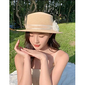 Nón đi biển mũ rộng vành phớt cao bồi cho nữ đai trắng gắn hoa xinh chất liệu cói chống nắng thoáng mát thời trang Hàn Quốc dona240707