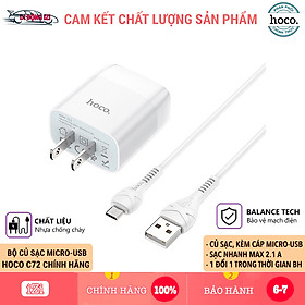 Hình ảnh Bộ Củ Cáp Sạc Micro-USB Hoco C72 Cho Samsung, Xiaomi, Oppo,... Sạc Nhanh Tối Đa 2.1A - Hàng Chính Hãng