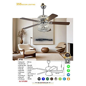 Mua Quạt trần có đèn pha lê hiện đại 355 Decor QT45 sải cánh 1320mm - Hàng nhập khẩu
