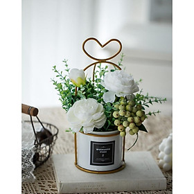 Hoa lụa, bình hoa hông trà 21cm để bàn để bàn làm việc, bàn học,kệ tủ trang trí nội thất phong cách Bắc Âu LH-19