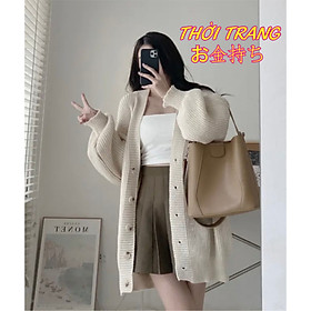 SẴN Áo khoác len cổ V cardigan có khuy 2 túi trước oversize trùm mông