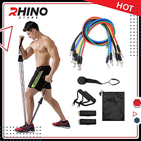Dây ngũ sắc cao su tập Gym  chính hãng Rhino R401 full body, dây ngũ sắc 11 món tập thể hình đa năng tại nhà, văn phòng, phòng Gym