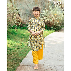 Áo dài bé gái BYZU mẫu cô ba Sài Gòn thiết kế mới nhất, vải lụa cao cấp màu vàng tươi (Ánh Dương)