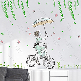 Decal dán tường cô gái che ô trong mưa cho bé ZOOYOO XL7220