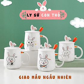 Ly cốc sứ thỏ có nắp sứ và muỗng Inox