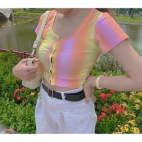 ÁO CROPTOP THUN NGẮN - ÁO KIỂU CRT NGẮN TAY GÀI NÚT BẤM LOANG MÀU 159