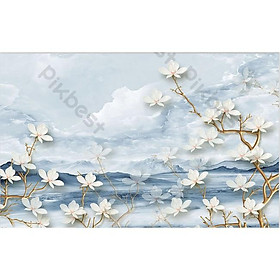Tranh dán tường Tranh phong cảnh biển xanh và hoa, Tranh 3d dán tường (tích hợp sẵn keo) MS1185548