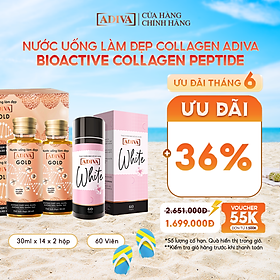 2 Hộp Nước Uống Làm Đẹp Collagen ADIVA Gold (14 Chai/Hộp) + 1 Hộp Viên Uống Trắng Da White ADIVA 60 Viên