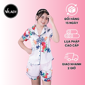 Bộ Pyjama nữ, đồ mặc nhà VILADY-B113 kiểu quần đùi tay cộc họa tiết Bông, chất liệu lụa Pháp cao cấp