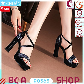 Giày cao gót hở mũi đế đúp nữ 9p RO563 ROSATA tại BCASHOP quai ngang đính kim tuyến sang trọng và nổi bật, tôn dáng ngà