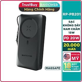 Mua Pin Sạc Dự Phòng 20000mAh RAVPower RP-PB1214 Sạc Nhanh 20W  Sạc Không Dây Nam Châm Tối Đa 15W  Tương Thích Mag.Safe iPhone - Hàng Chính Hãng