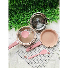 Mua BỘ NỒI  CHẢO ĐÁ HÌNH HOA KÈM XỬNG HẤP CHO BÉ ĂN DẶM SIZE 16CM