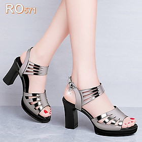Giày sandal nữ cao gót 8 phân hàng hiệu rosata hai màu đen chì thời trang cao cấp ro571