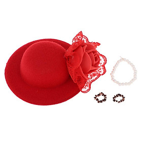 2-7pack Vintage Bowler Doll Hat Necklace Bracelet for  Doll Clothes Red