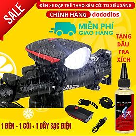 Đèn xe đạp thể thao dododios siêu sáng có còi pin sạc usb led T6 chống nước - Hàng chính hãng