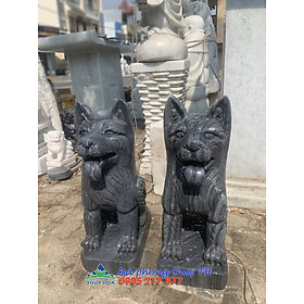 Hình ảnh Cặp tượng chó đá phong thủy đá cẩm thạch vân đen gác cổng đền, đình, mộ - Cao 60 cm