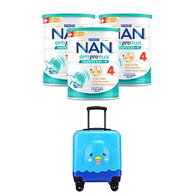 Bộ 3 Lon Sữa bột Nestlé NAN OPTIPRO PLUS 4 1500g/lon với 5HMO Giúp tiêu hóa tốt + Tăng cường đề kháng Tặng Vali hình thú (2 - 6 tuổi)