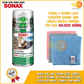 Chai xịt khử mùi và khử trùng máy lạnh Sonax 323100 100ml - tặng 1 khăn 3M màu ngẫu nhiên - làm sạch bầu không khí trong xe, bảo vệ sức khỏe, loại bỏ vi khuẩn gây hại