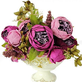 Hoa lụa, cành hoa mẫu đơn Piona cao cấp 8 bông lớn tuyệt đẹp trang trí bàn trà, nhà hàng MD-01