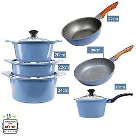 Combo 6 món cao cấp, nồi đúc chống dính ceramic Hàn Quốc đế từ xanh size 18-20-22-24cm, chảo vân đá ceramic sâu lòng size 22 cm và chảo vân đá cạn 26cm màu xanh đế từ(dùng được tất cả các bếp, kể cả bếp từ) - Hàng chính hãng