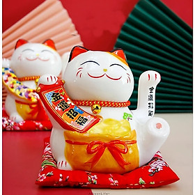 Mua Tượng Mèo Thần Tài Gốm Men Vẫy Tay Phát Tài  Phát Lộc 16 cm Kèm Đệm Đỏ