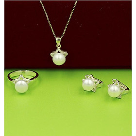 Bộ trang sức bạc đính ngọc trai nữ 3 món Dây chuyền - Nhẫn - Bông tai ngọc trai thương hiệu Opal - TS10