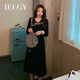 IELGY women's Korean style waist waist slim bow dress mid-length