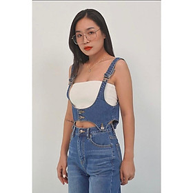 Bộ quần + Áo yếm nữ ngắn SJY02 siêu hot, quần bò nữ cá tính chất denim Cao Cấp - thương hiệu Samma Jeans - Áo yếm