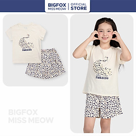 Bộ cộc tay bé gái Bigfox Miss Meow size đại áo thun ngắn tay quần đùi cotton in mèo cỡ 3-11 tuổi