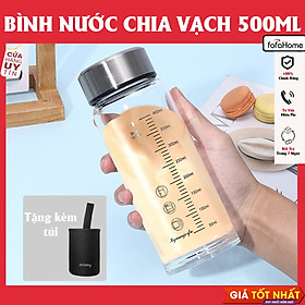 Chai Thủy Tinh Nắp Inox Có Thang Chia Vạch Chịu Nhiệt Tốt Dung Tích 350ml - 500ml Tặng Kèm Túi Giao Màu Ngẫu Nhiên - 500ml